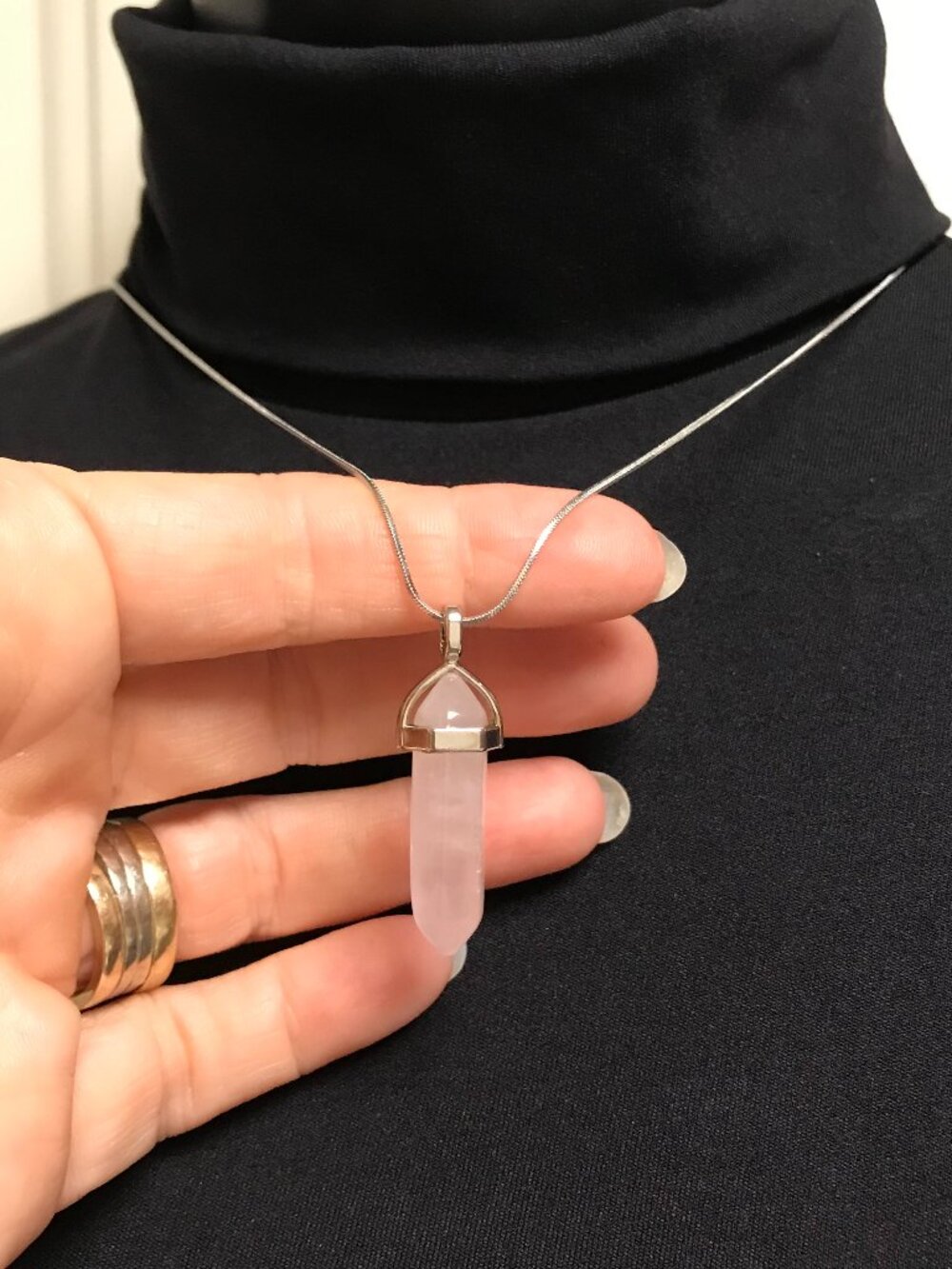 Quartz Pointed Pendant Necklace PINK Rose Quartz Bullet 18 in Snake Chain NEW